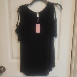 Elegant Womans Cold Shoulder Black Tunic Blouse Top Lattice Sleeve,Scoop Neck